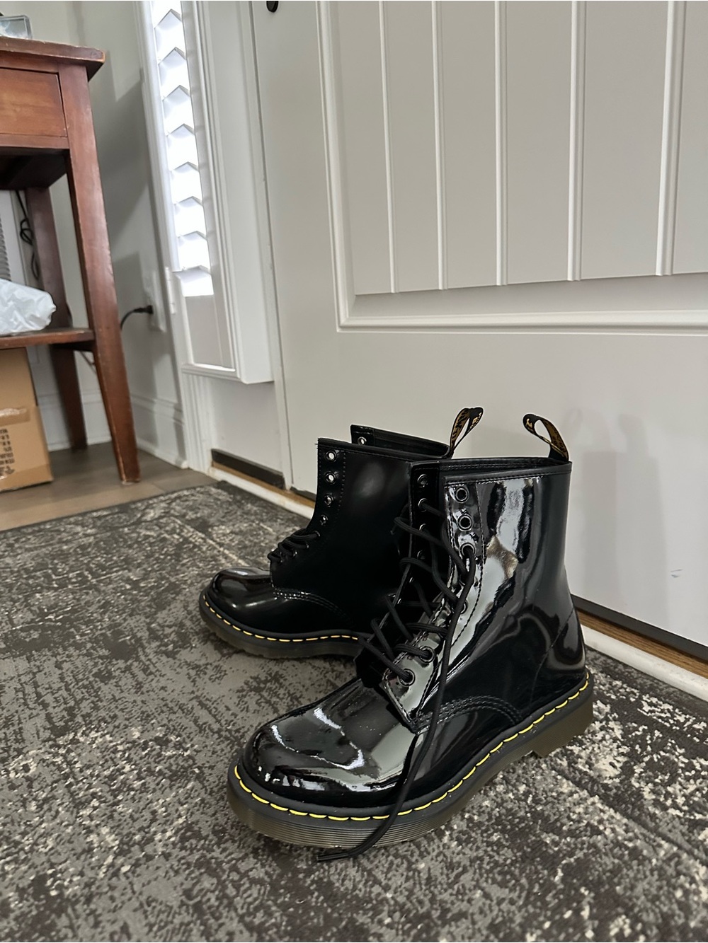 Dr. Martens Black Patent Lace-Up Platform Boots with Yellow Stitching